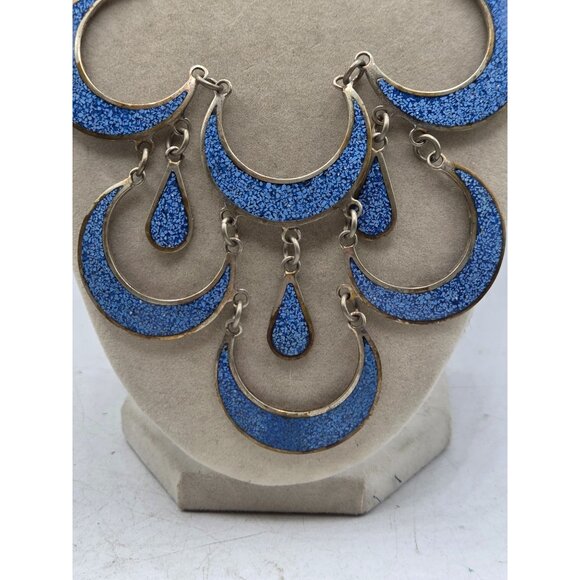 Vintage Silver Tone Crescent Moon & Teardrop Necklace With Blue Enamel Details S - Picture 3 of 5